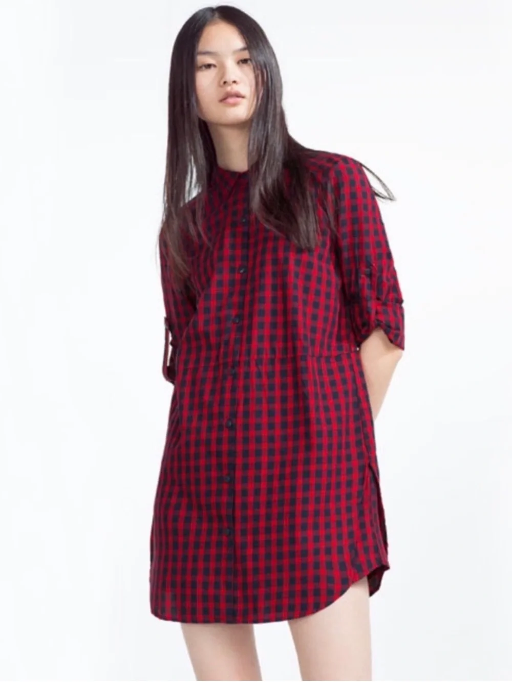 Zara Plaid Button Front Shirt Dress Attatched Skirt Size Small
